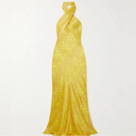 NWT L'AGENCE Estee Twist Neck Dress in Lemon Tonic Python Snake 100% Silk Gown - Picture 2 of 15